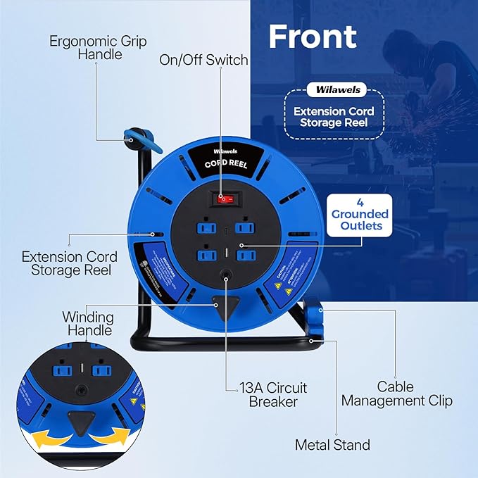 80 FT Retractable Extension Cord Reel, 14AWG Heavy Duty Power Cord with 4 Grounded Outlets, USB-A & USB-C Ports, 13A 1625W, Portable Hand Crank for Indoor Outdoor Use, ETL Listed U80ACR06