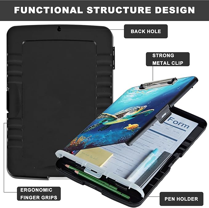 Clipboard with Storage,Heavy Duty Plastic Storage Clipboard with Low Profile Clip,Teacher Must Haves,Office Supplies,Ocean Sea Turtle Fish