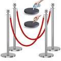 kaiyomi 4Pcs Stanchions with Red Velvet Ropes Set, 5 Feet Velvet Ropes and Posts Poles for Red Carpet Party Decoration and 360° Photo Booth (Silver)