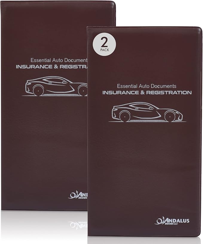 Andalus Auto Registration & Insurance Card Holder Pack of 2, Waterproof Essential Car Registration Holder with Hook & Loop Closure, Perfect for Every Vehicles Glove Boxes (Brown - 9.5" x 5.15")