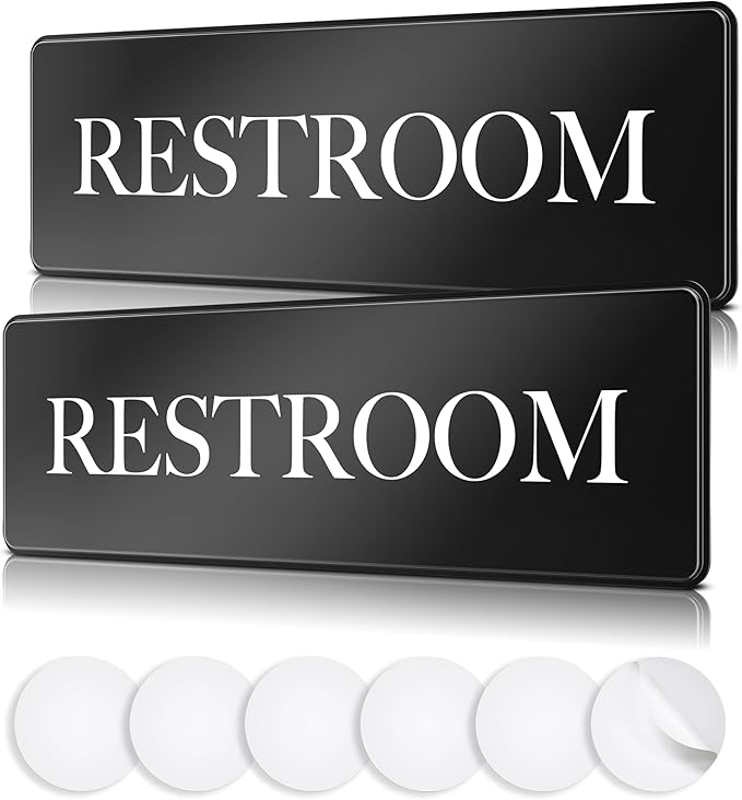 ASSURED SIGNS Restroom Sign - Ideal Bathroom Signs for the Office, Business or Home - 2 Pack - 9" by 3" - Apply to Door or Wall - Nice Bathroom Decor - Strong Double-Sided Adhesives