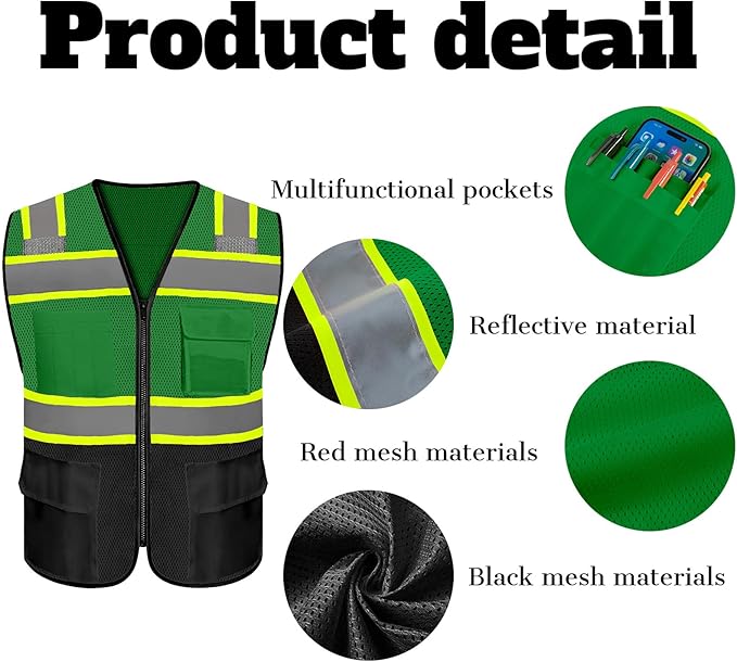Safety Vest Reflective High Visibility with 5 Pockets ＆Zipper Class 2 Adult Unisex Construction Security Workwear