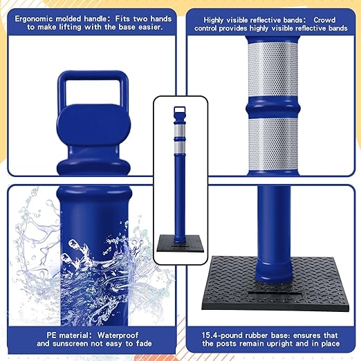 Kanayu 49 Inch Traffic Delineator Posts with 8.8 Lbs Rubber Base PE Delineator Post Portable Parking Pole Traffic Cone Barrier with Removable Base, Reflective Band(4 Packs,Blue)