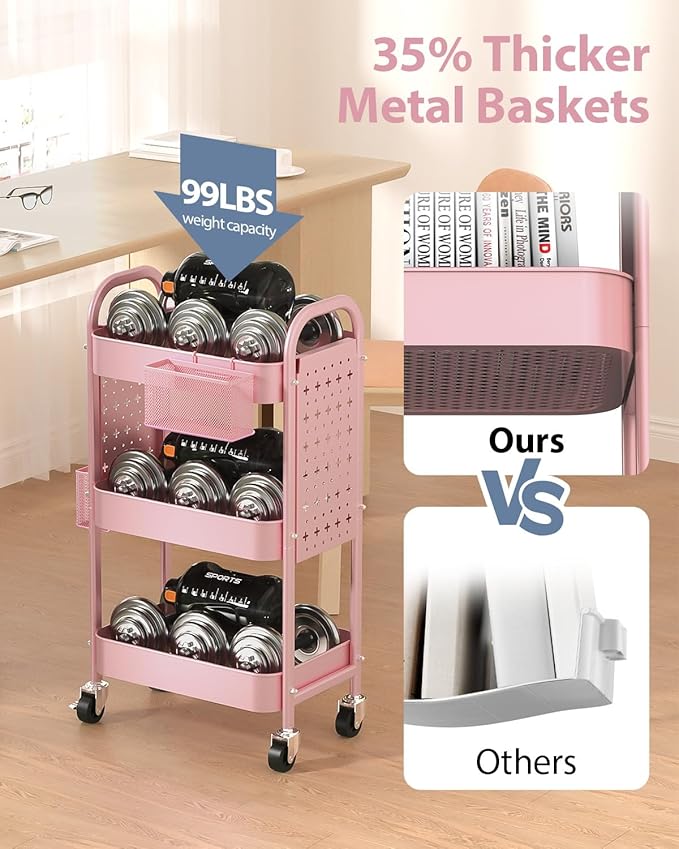 ALVOROG 3 Tier Rolling Cart with DIY Pegboards Metal Utility Cart with Wheels Handles Baskets Hooks, Craft Cart for Office Kitchen Bathroom(Cherry Blossom Pink)