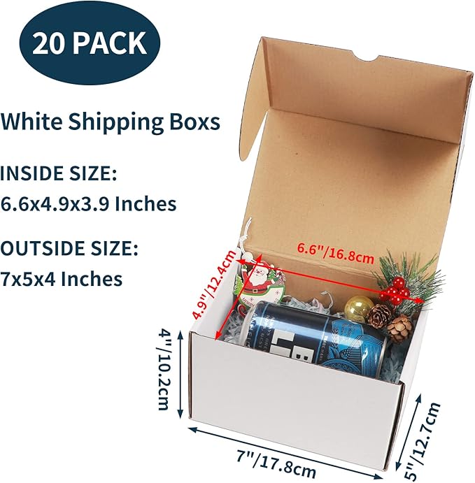 WIFTREY 7x5x4 Shipping Boxes 20 Pack for Small Business, White Corrugated Cardboard Mailer Boxes for Packing, Mailing