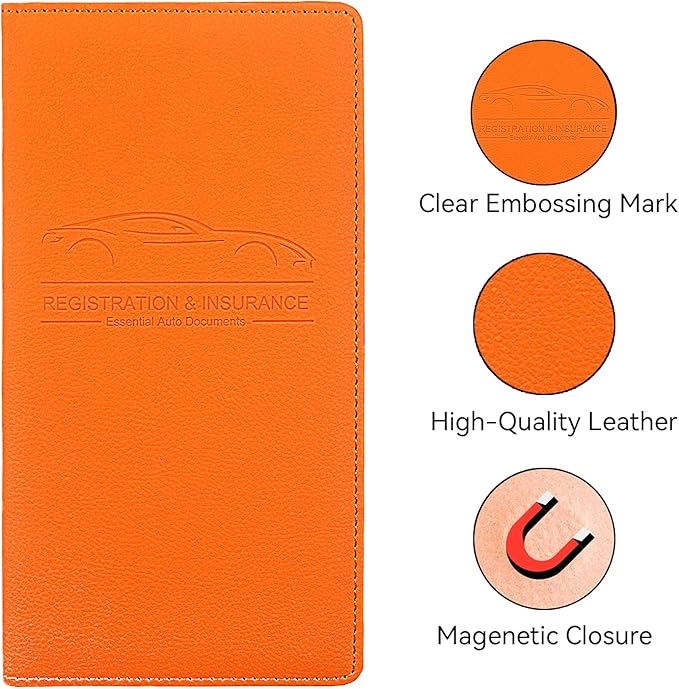 Car Registration and Insurance Holder, Premium Pu Leather Vehicle Glove Box Organizer - for Driver License, Cards & Essential Documents (L-Orange)
