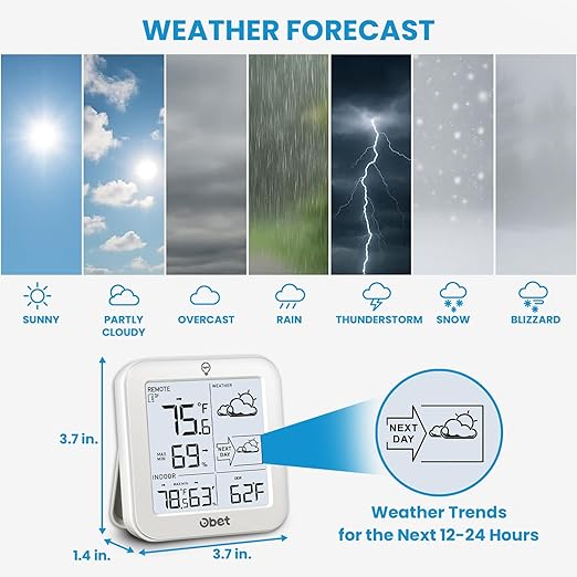 Indoor Outdoor Thermometer Wireless Weather Station, Battery Powered Inside Outside Thermometers Hygrometer Monitor with Backlight, Max/Min Record, Dew Point, Heat Index, Pressure (500 Feet)