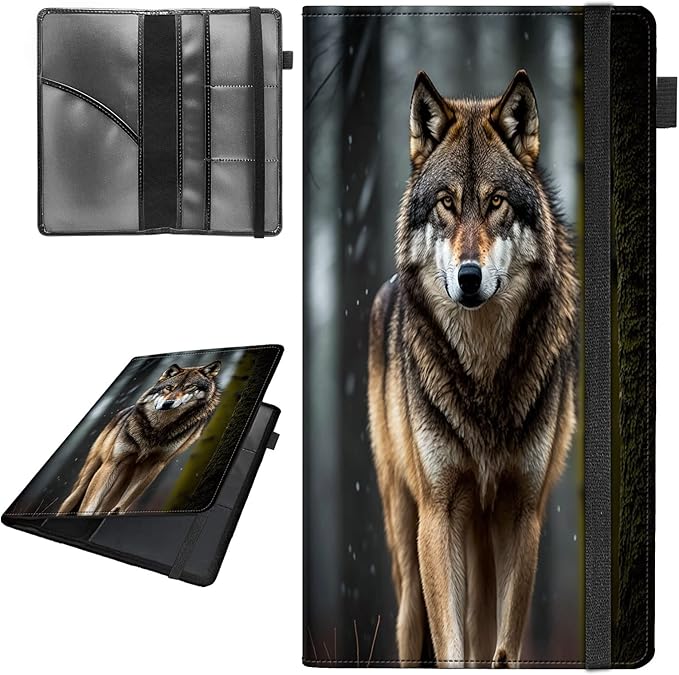 Car Registration and Insurance Holder,Leather Vehicle Glove Box Organizer Wallet for Document,Perfect for any Car,Truck,Motorcycle,Driver License,Trailer or Boat,Men & Women,Wolves Howling Wild