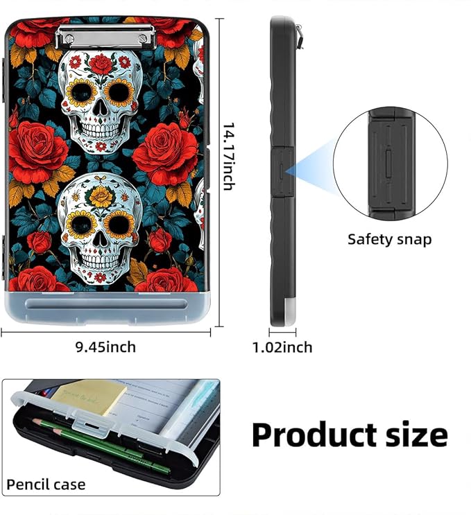 Clipboard with Storage Box & Pen Holder,Heavy Duty Clip Boards 8.5x11 for Nursing,High Capacity,School & Office Supplies,Skull Roses Pattern