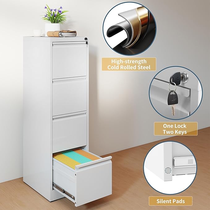 4 Drawer File Cabinet with Lock, Vertical Filing Cabinets for Home Office, Metal Storage Cabinets, Heavy Duty File Cabinet for Letter/Legal/A4/F4 Size Amssebly Required, White