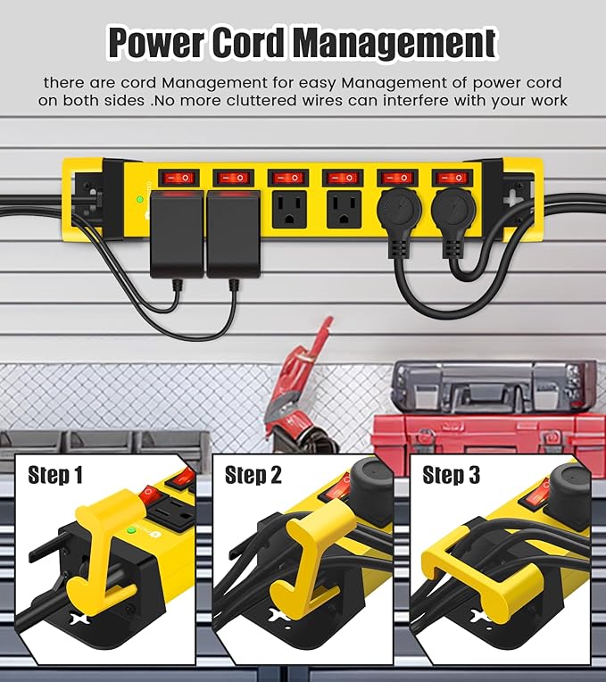 Heavy Duty Power Strip,6 Outlets Metal Power Strip with Individual Switch & Cord Management,Mountable Surge Protector 1200J,10FT Extension Cord(Yellow,10 FT)