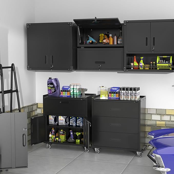 Metal Garage Storage Cabinet with Wheels, Lockable Rolling Tool Cabinet with 3 Drawers, Heavy Duty Mobile Steel Cabinet for Garage Warehouse Workshop