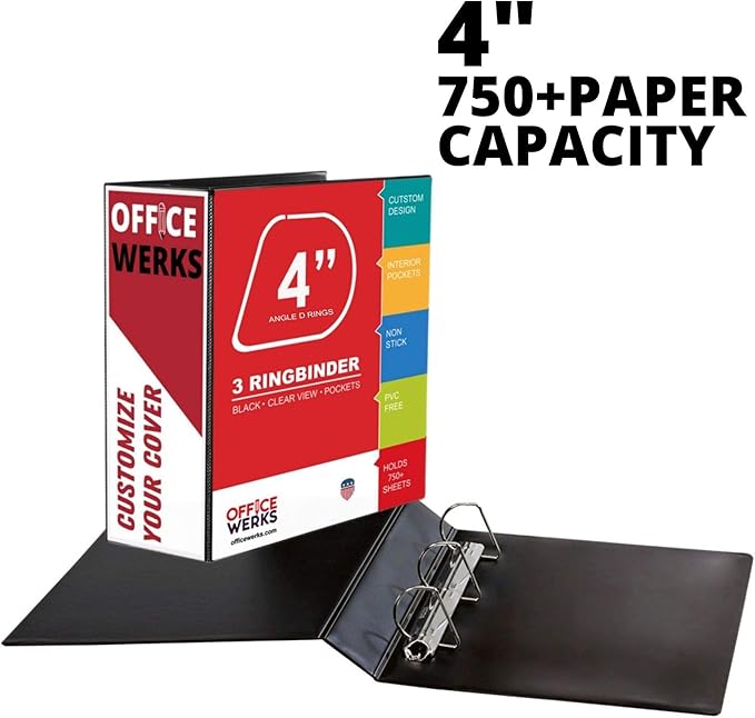 4 Inch 3 Ring Binder, D-Ring Heavy Duty, 800 Sheet Capacity, Customizable View Cover, Presentation Folder with Pockets, Fits 8.5 x 11 Inch, 2 Pack, Black
