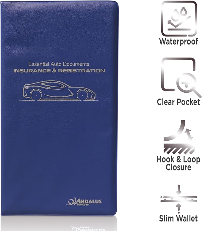 Andalus Auto Registration & Insurance Card Holder Pack of 1, Waterproof Essential Car Registration Holder with Hook & Loop Closure, Perfect for Every Vehicles Glove Boxes (Blue - 9.5" x 5.15")