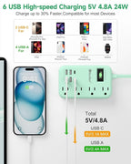6 USB Green Travel Power Strip- 5Ft Green Extension Cord with 4.8A 2 USB C Charging Station and 4 Outlets, Cute Desk Accessories with Switch for Kawaii Pink Home Office College Dorm Room 24W