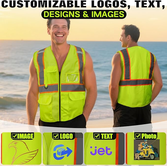Safety Vest Customize Logo with 5 Pockets & Zipper Reflective High Visibility Vest Class 2 Outdoor Workwear