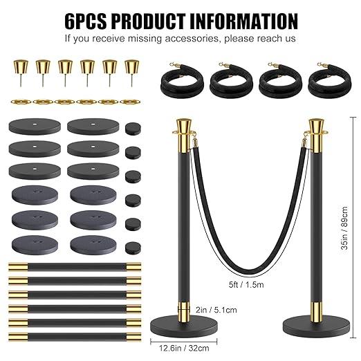 kaiyomi 6Pcs Stanchions with Black Velvet Ropes Set, 5 Feet Velvet Ropes and Posts Poles for Red Carpet Party Decoration and 360° Photo Booth (Golden & Black)