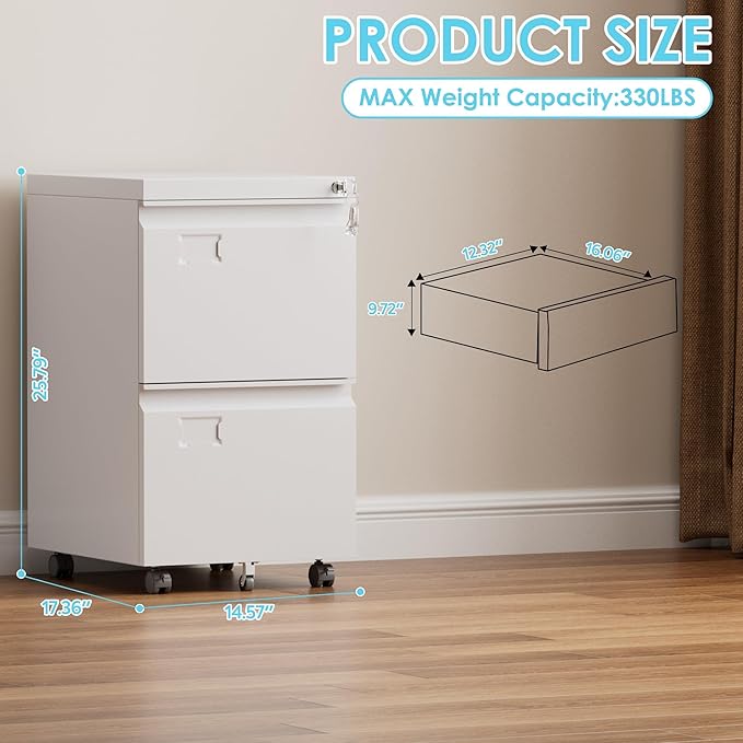 Aobabo 2 Drawer File Cabinet with Wheels, Lockable Metal Filing Cabinet with Business Card Slot for Legal/Letter Size Home Office, Required Assembled,White