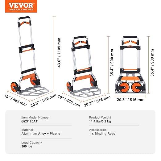 VEVOR Folding Hand Truck and Dolly, 309 Lbs Capacity, Aluminum Foldable Cart, Heavy-Duty Luggage Trolley Cart with Telescoping Handle and PP+TPR Wheels for Home, Office, Shopping, Travel