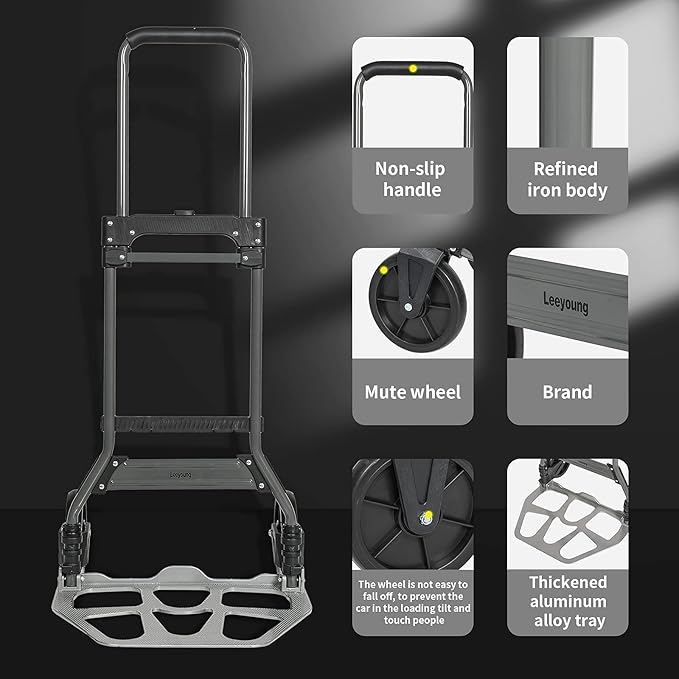 Leeyoung Folding Hand Truck and Dolly, 264 Lb Capacity Heavy-Duty Luggage Trolley Cart with Telescoping Handle and PP+EVA Wheels