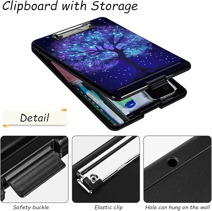Clipboard with Storage, High Capacity Plastic Storage Clipboard with Pen Holder for Women Teachers Work, School & Office Supplies, Cute Pattern Decorative Clipboards, Fluorescent Tree