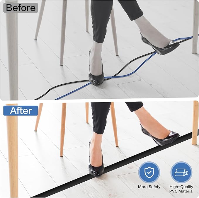 Floor Cord Cover Self Adhesive Cord Hider Floor Extension Cord Covers for Floor Power Cord Protector Cable Management Prevent Cable Trips Cable Cavity 0.32" W x 0.32" H (Black, 10Ft)