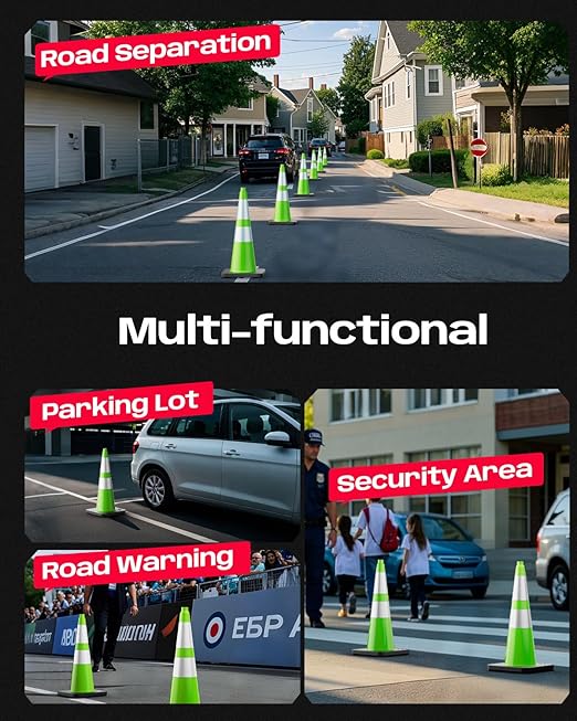 BATTIFE 28 Inch Traffic Cones with Black Weighted Base, PVC Green Safety Cones for Traffic Control, Construction Events, Driveways, and Parking Lots (6 Pack)