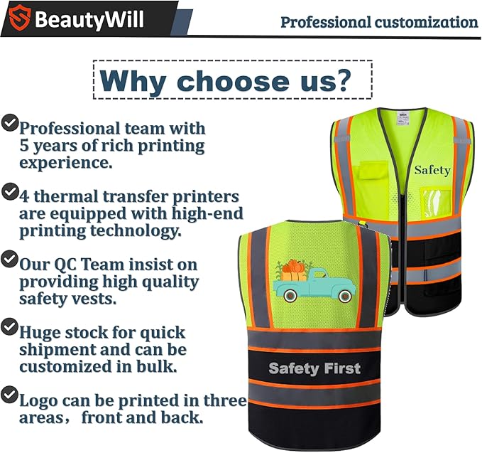 BeautyWill 10 Pack Custom Safety Vest Customized Logo Mesh Vest Class2 High Visibility Reflective Vest with Pockets Workwear（Yellow Black，XL ）