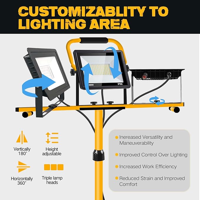 21000 Lumen Work Lights with Stand, 3 Adjustable Head LED Work Light, with Adjustable and Foldable Tripod Stand, Waterproof Lamp with Individual Switch with 6500 Kelvin Color (3-Head-Yellow)
