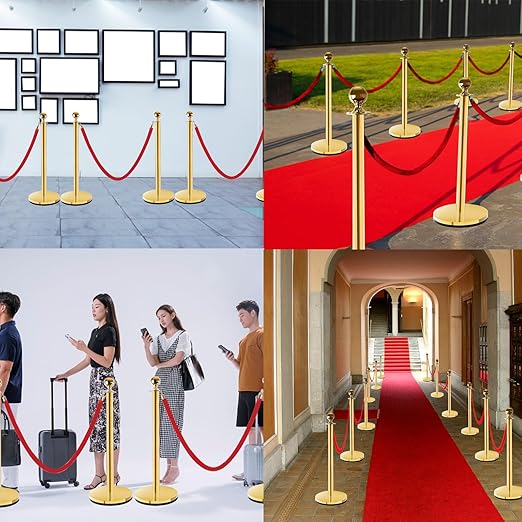 Red Carpet Poles and Ropes Set: 8pcs Gold Stanchion Posts and 4pcs Velvet Ropes for Weddings, Events, VIP Entrance & Party - Crowd Control Rope Safety Barriers with Stand