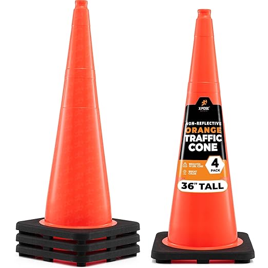 Xpose Safety 36 Inch Orange Traffic Cones, 4-Pack - Multipurpose PVC Plastic Safety Cone for Parking, Soccer, Caution, Kids and Construction - DOT Approved