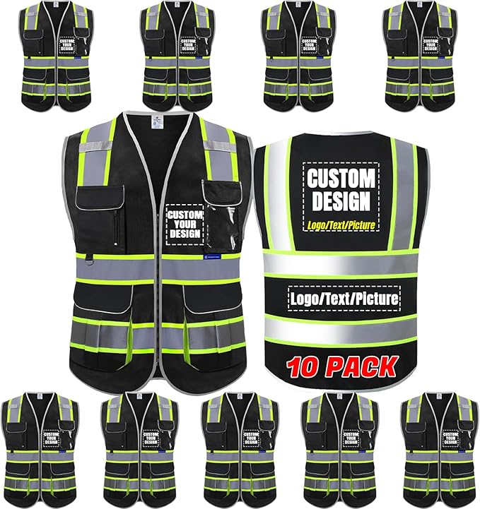 BeautyWill Custom Logo 10 Pockets Safety Vest Class2 ANSI Certified High Visibility Reflective Vest
