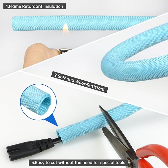 Split Braided Cable Sleeve，Flexible Wire Loom Tubing, Automotive Cord Protector Pet Proof, Cable Management for Computer TV Electric Wires Harness 16ft (Sky Blue, 13mm（1/2")