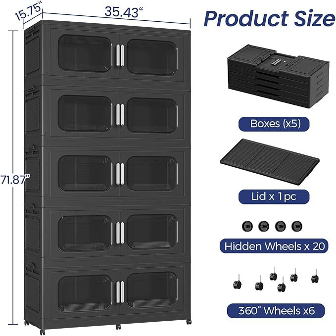 250Gal Exra Large Stackable Storage Bins with Lid, 1000QT Collapsible Storage Box with 6x Wheels, Folding Plastic Cabinet Container with Door Drawer for Home Kitchen Office Dorm, 5Pack Black