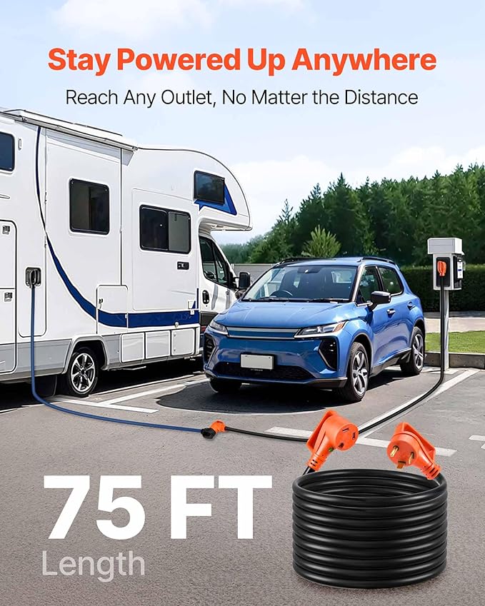 VEVOR 75 FT RV Extension Cord, 30 Amp, 125V 2500W Heavy Duty STW 10/3 Gauge Wire, NEMA TT-30P Male NEMA TT-30R Female Plug, with LED Power Indicator, Handle, 15A Adapter, for RV Trailer, ETL Listed