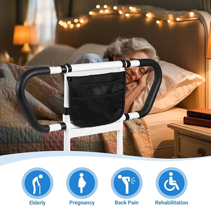 Klvied Bed Rails for Elderly Adults Safety, Bed Side Rails with Non-Slip Handles, Adjustable Bed Cane with Motion Light and Storage Bag, Fit King, Queen, Full, Twin