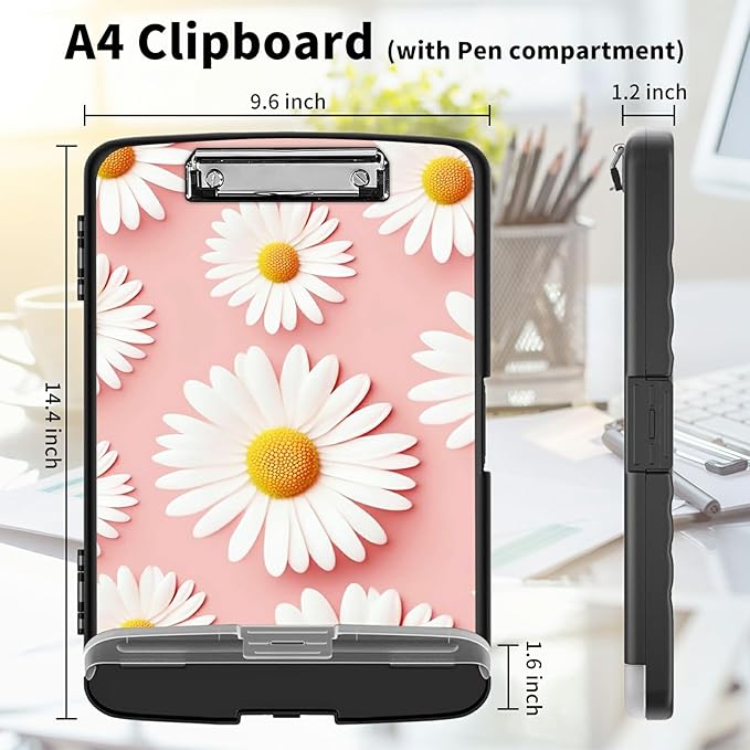 Clipboard with Storage High Capacity Plastic Nursing Clipboards with Pen Holder File Folder Storage Box Clipboard with Heavy Duty Clips for Teacher,Doctor,Offices-Pink Daisy