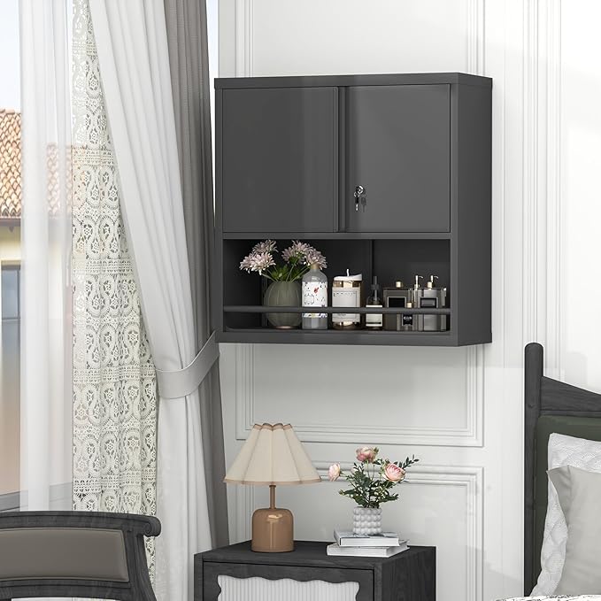 GREATMEET Garage Wall Cabinet, Metal Garage Storage Cabinets, Locking Utility Cabinet, Hanging Cabinets for Wall, Wall-Mounted Garage Cabinets, Black