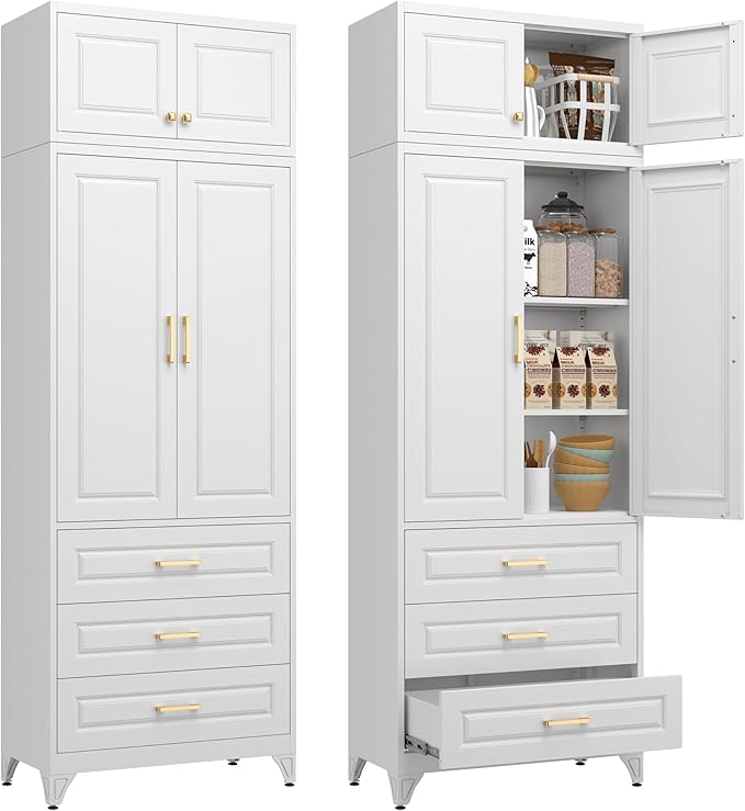 Kitchen Pantry Cabinet, Tall Storage Cabinets with Three Drawers, 90" H Metal Cabinet with Shelves, Freestanding Cupboard for Dining, Living Room, White, 16" D x 32" W x 90" H,Assembly Required
