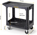 ELAFROS Heavy Duty Plastic Utility Cart Flat top 37 x 18.8 Inch - Work Cart Flat Shelves and 2 Fixed 2 Swivel Wheels Safely Holds up to 550 lbs - 2 Tier Service Cart for Warehouse,Garage, Black