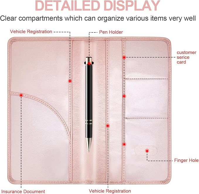 PLOJOP Car Registration and Insurance Card Holder, Leather Vehicle Insurance Card Holder Glove Box Compartment Organizer, Car Wallet Case for License Cards, ID Card, Business Card (Rose gold, L)