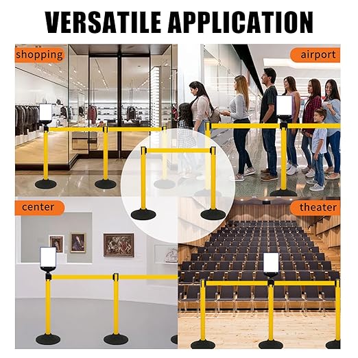 41" Yellow Crowd Control Stanchion Set, Stable Heavy-Duty Rubber Base with 10 Feet Retractable Belt Crowd Control Barriers, Retractable stanchions for Outdoor Safety (6 Pack)