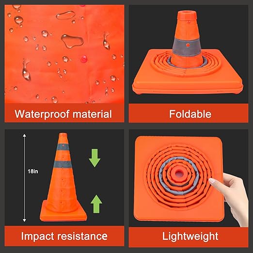 [20 Pack]18 Inch Collapsible Traffic Safety Cones - Parking Cones with Reflective Collars, Orange Safety Cones for Parking lot, Driveway, Driving Training etc
