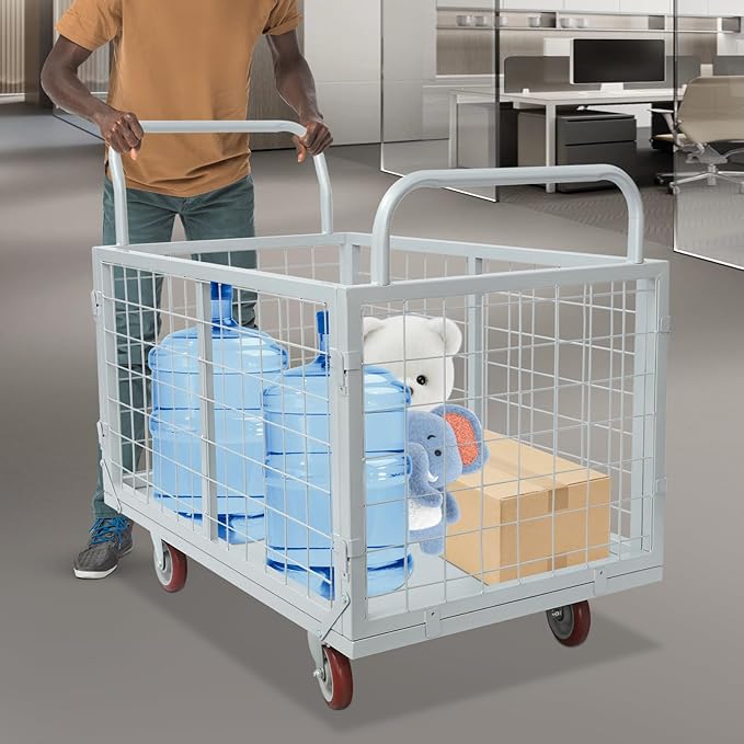 4-in-1 Heavy Duty Platform Truck Cart with Removable Cage, Folding Hand Cart with 4 Wheels, 1800 Lbs Load Capacity, Multi-Purpose Push Dolly for Groceries, Warehouse, Workshop, Logistics, Silver