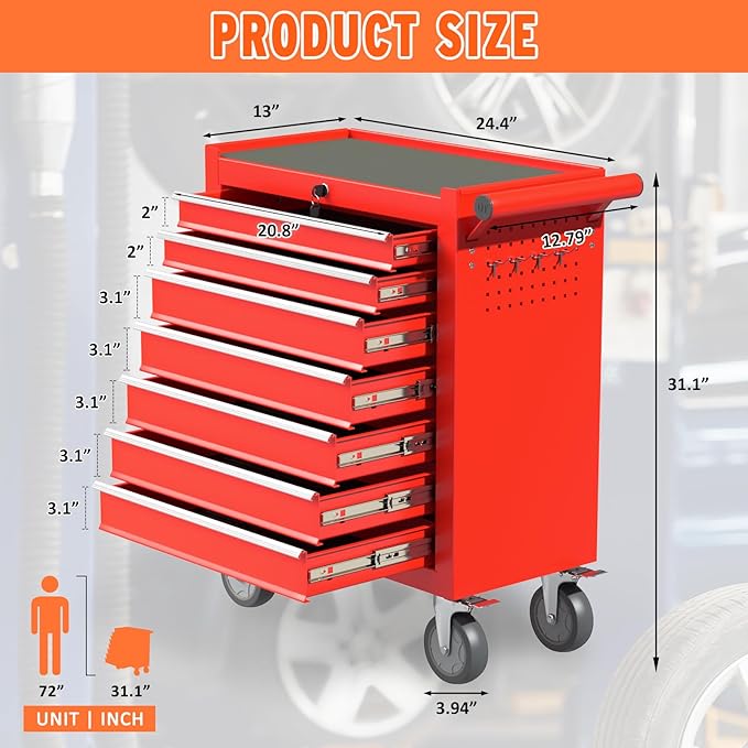 7-Drawer Rolling Tool Chest with Wheels, Metal Tool Box, Large Capacity Tool Storage Cabinet with Keyed Locking, Tool Organizer Box for Garage, Workshop, Warehouse (Red)