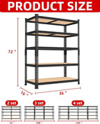 PrimeZone 36" x 16" x 72" Heavy Duty Storage Shelves - 5 Tier Adjustable Garage Storage Shelving, Metal Storage Utility Rack Shelf Unit for Warehouse Pantry Closet Kitchen, Black