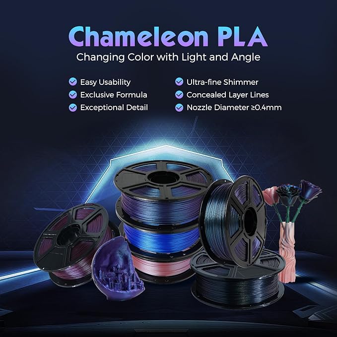 FLASHFORGE PLA Filament 1.75mm +/- 0.02mm Upgraded Nebula Purple, Color Changeable 3D Printer Filament 1kg, Chameleon 3D Printing Filament Changing Colors with Light, Perfectly Conceals Layer Lines