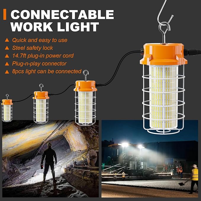 150W LED Temporary Work Light 22500lm 5000K Construction Lighting Temp Light High Bay Fixture, Hanging Temporary Work Lights with Stainless Steel Safety Guard Sturdy Hook for Mine Workshop Jobsite