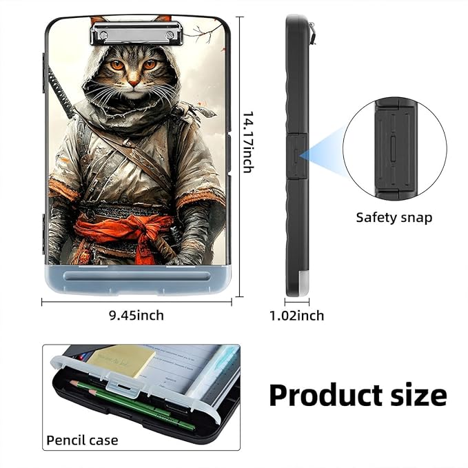 Clipboard with Storage Box & Pen Holder,Heavy Duty Clip Boards 8.5x11 for Nursing,High Capacity,School & Office Supplies,Samurai Cat