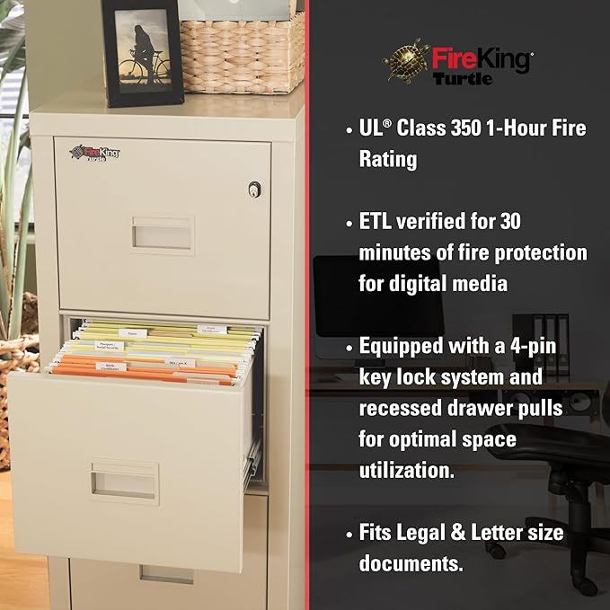 FireKing Turtle Vertical 4 Drawer Legal and Letter Fire Safe File Cabinet with Key Lock, 1 Hour Fire Rated, UL Rated & Water Resistant Home Safe, Filing Cabinet, Made in The USA, Arctic White